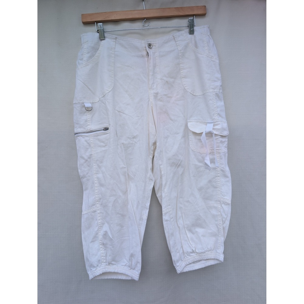Fashion Bug Womens White Linen Blend Cargo Jogger Pants Size 16W Utility Cropped